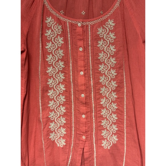 J. Jill Women's Petite XS‎ Coral Gauzy Embroidered Button Up Top Beach Boho - Picture 6 of 8